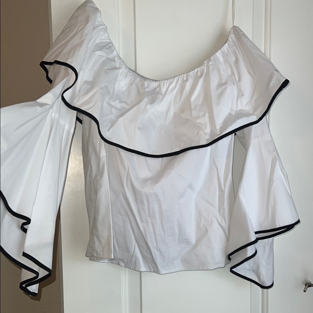 Takara Asymmetrical White Blouse with Black Ruffles